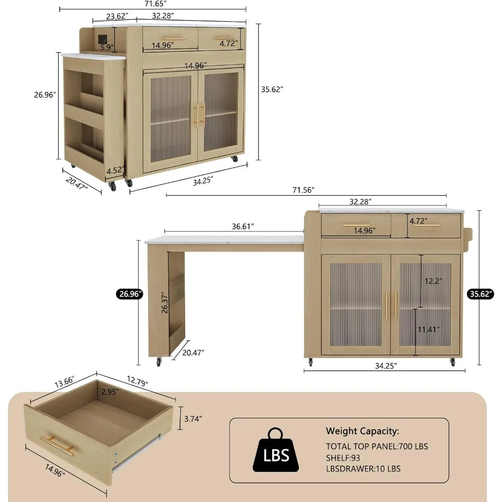 Kitchen Island and Cart with Extendable Dining Table, Marble Grain Top with Power Outlet