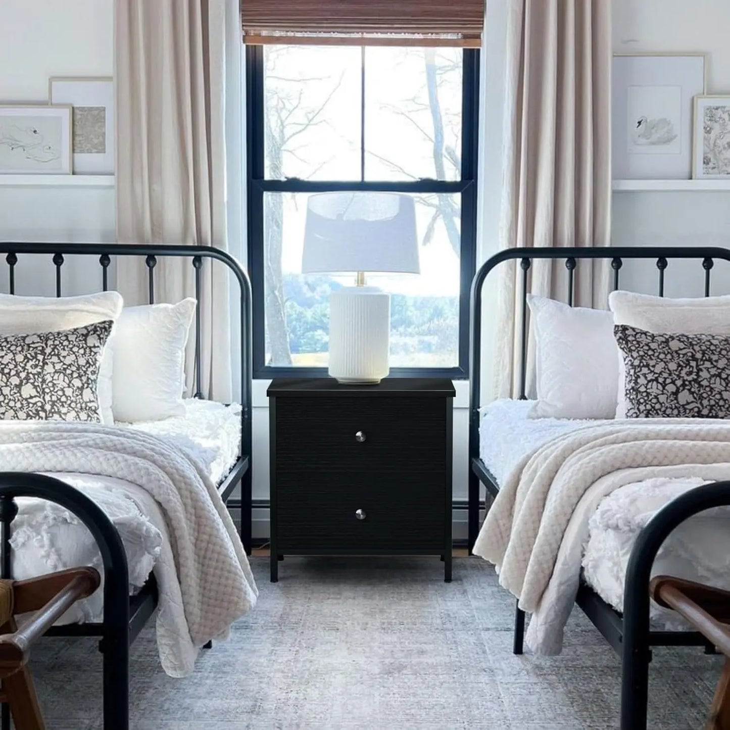 Modern Small Black Nightstands Set of 2 with 2 Fabric Drawers Dresser for Bedroom