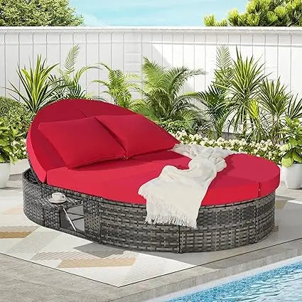 Outdoor Round Patio Daybed, Rattan Sun Bed with Adjustable Backrests and Foldable Cup Trays, Reclining Outdoor Lounger with Cus