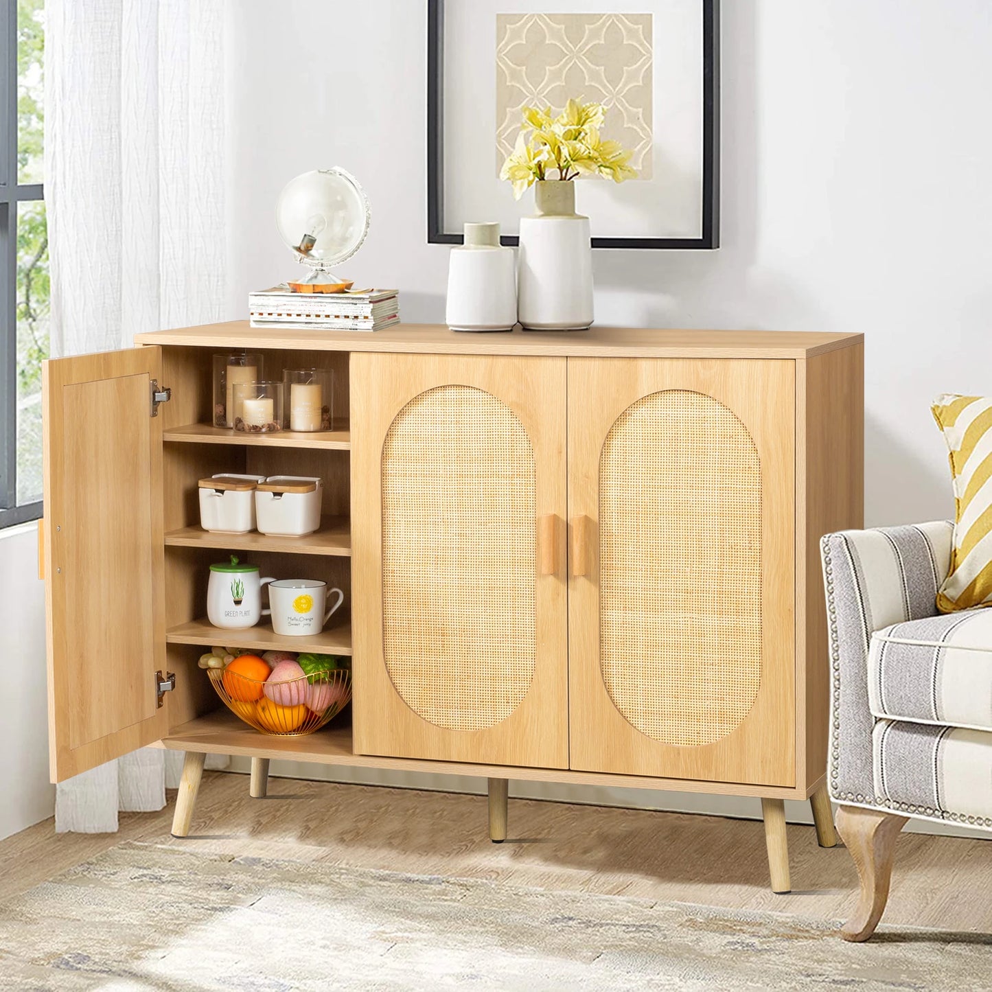 Modern Rattan Shoe Storage Cabinet with 3 Doors and Adjustable Shelves