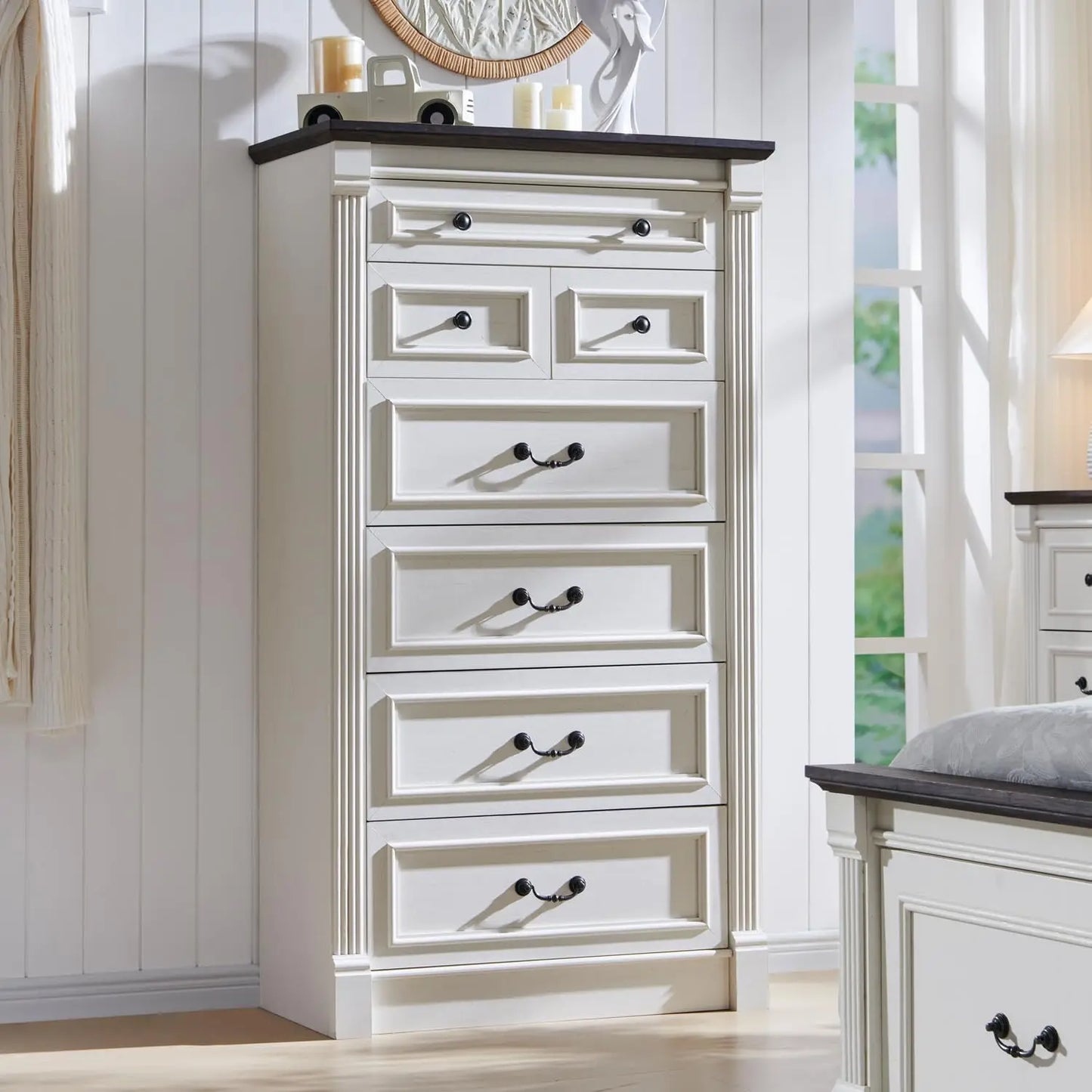 Farmhouse 57" large Roman column chest with 7 Drawers for the bedroom, hallway, living room storage dresser.
