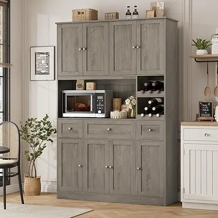 72" Tall Large Modern Kitchen Hutch Pantry Storage Cabinet with Wine Rack, Microwave Stand for Kitchen or Dining Room