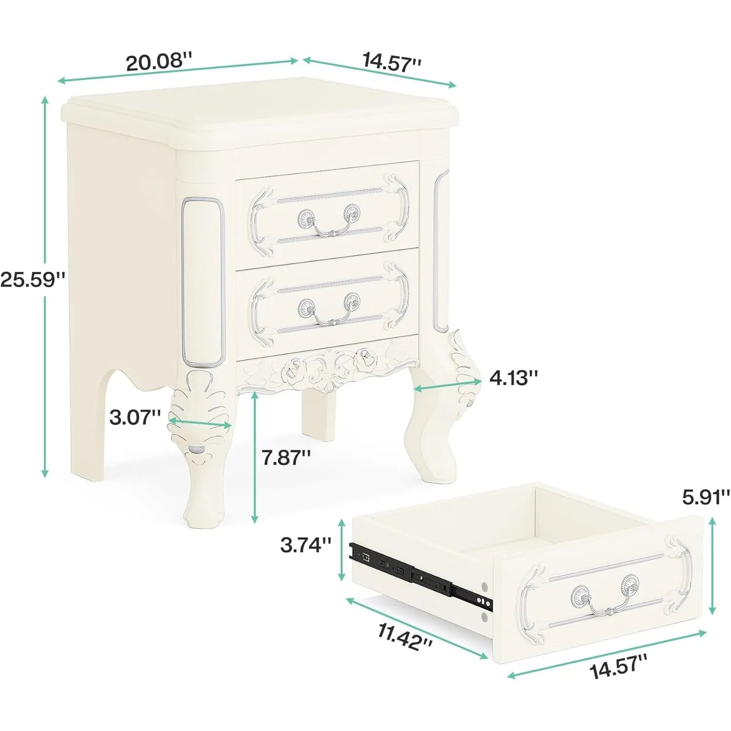 White Classic Carved Nightstand or End Tables with 2 Drawers for Bedroom
