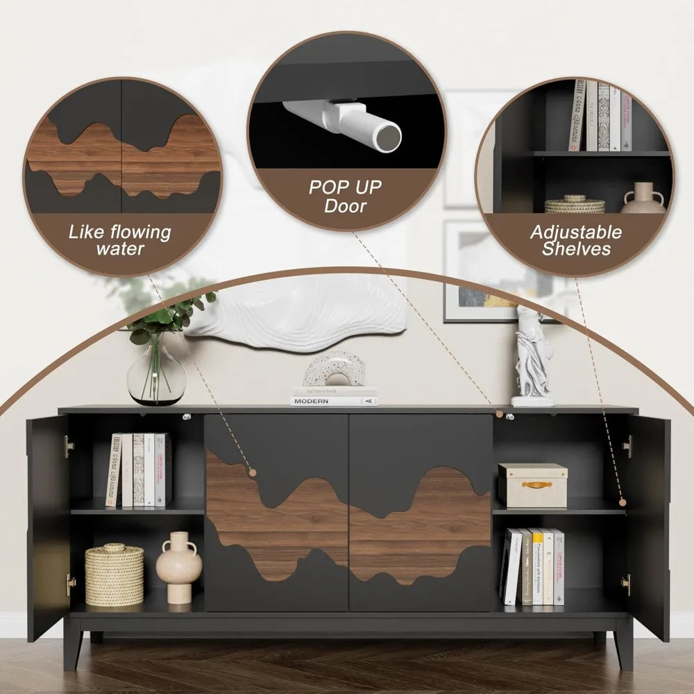 Modern 4 Door Sideboard Buffet Cabinet with Brown Water Stream Patterns Design - Versatile Storage Solution for Kitchen