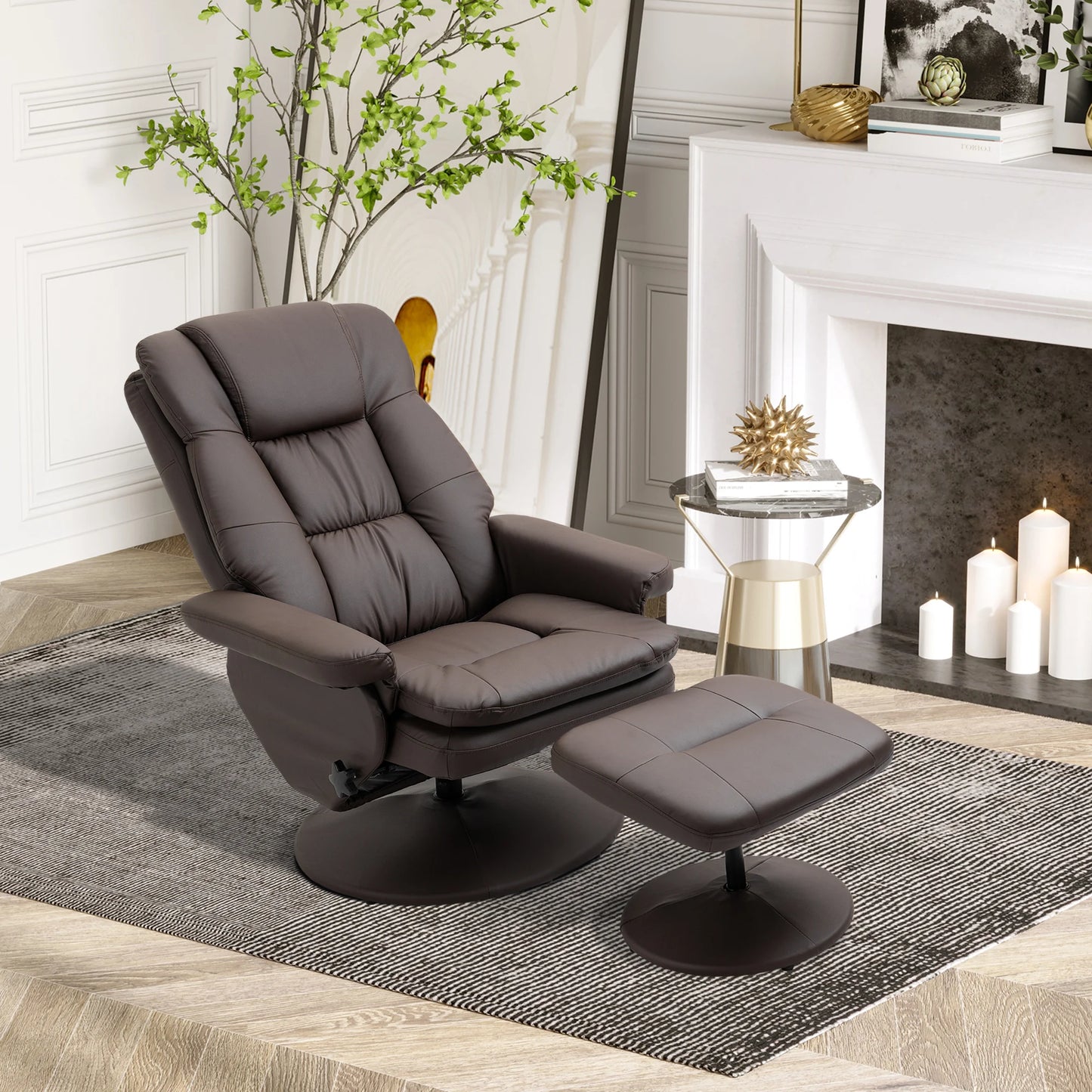 Modern PU Leather Recliner Chair with Footrest and Ottoman for the Living Room, Brown