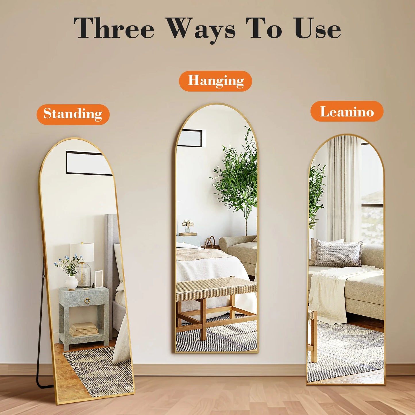 59"x16" Full Length Arched Right Angle Sturdy Aluminum Alloy Frame Mirror with Stand for Living Room or Bedroom