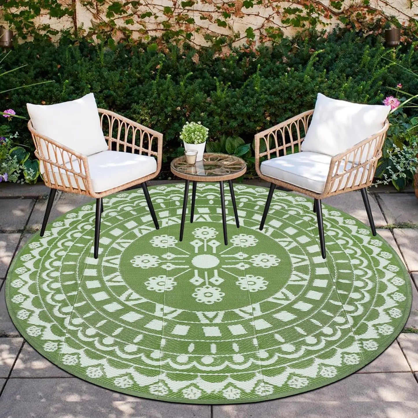 6Ft Round Reversible Waterproof Plastic Straw Boho Circle Indoor/Outside Area Rug for RV and Patio