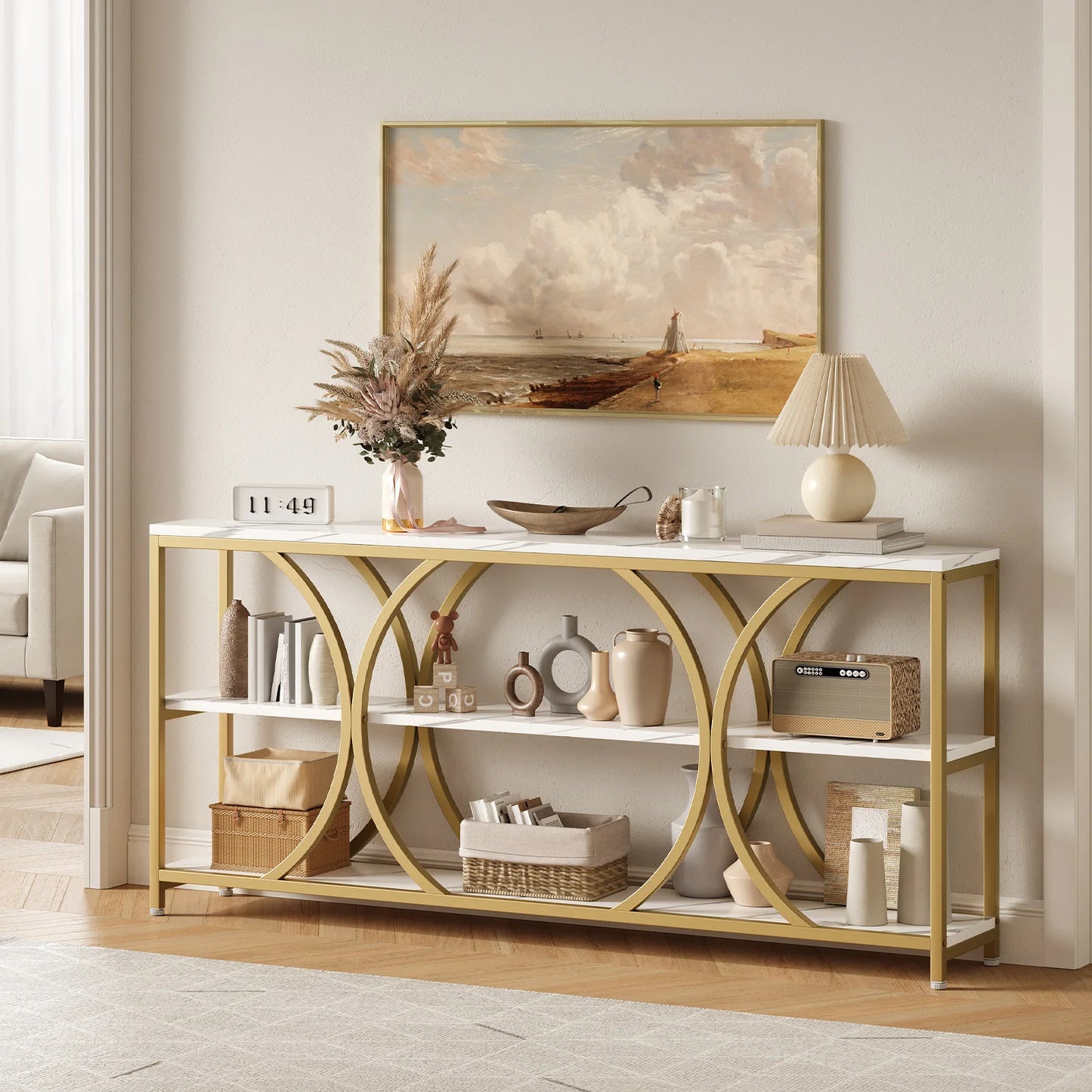 70.8 inch Modern Console Extra Long Entryway Table with 3 Tier Storage Shelves for Living Room, Hallway, Entrance, Sofa