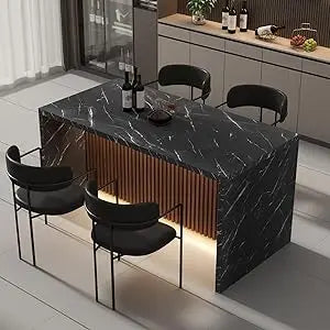 Modern 63" Large Imitation Marble Stripes Island Dining Table for 4-6 People LED Lights