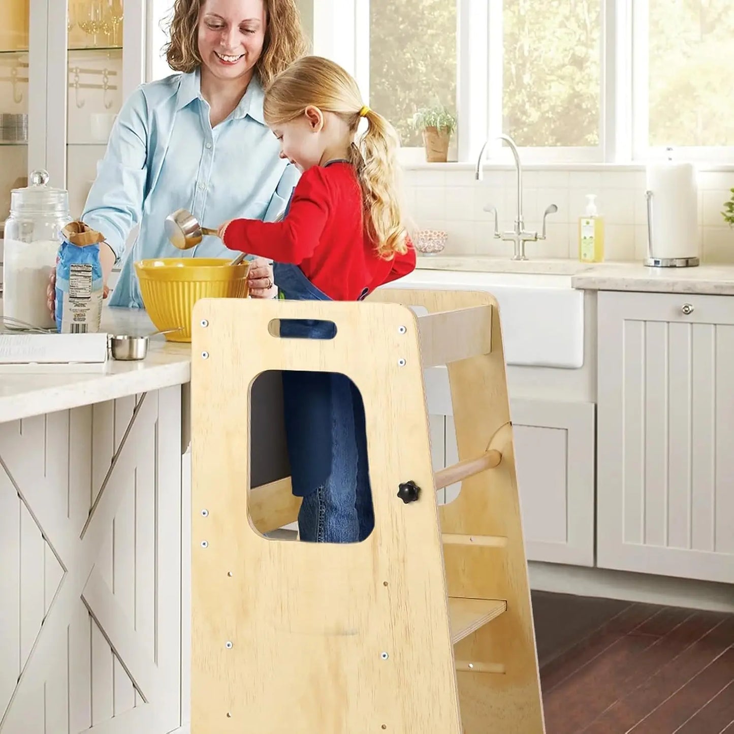 Wooden Toddlers Kitchen Step Stool with Blackboard & Safety Rails and Adjustable Montessori Learning Helper