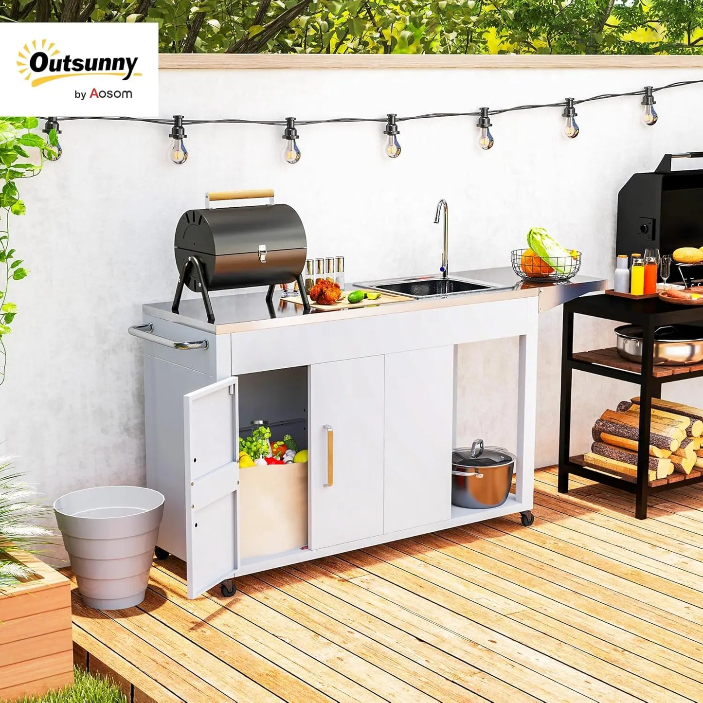 Outdoor Kitchen Island Grill Table and with Stainless Steel Sink and Drainage, Foldable Side Table and Cabinet