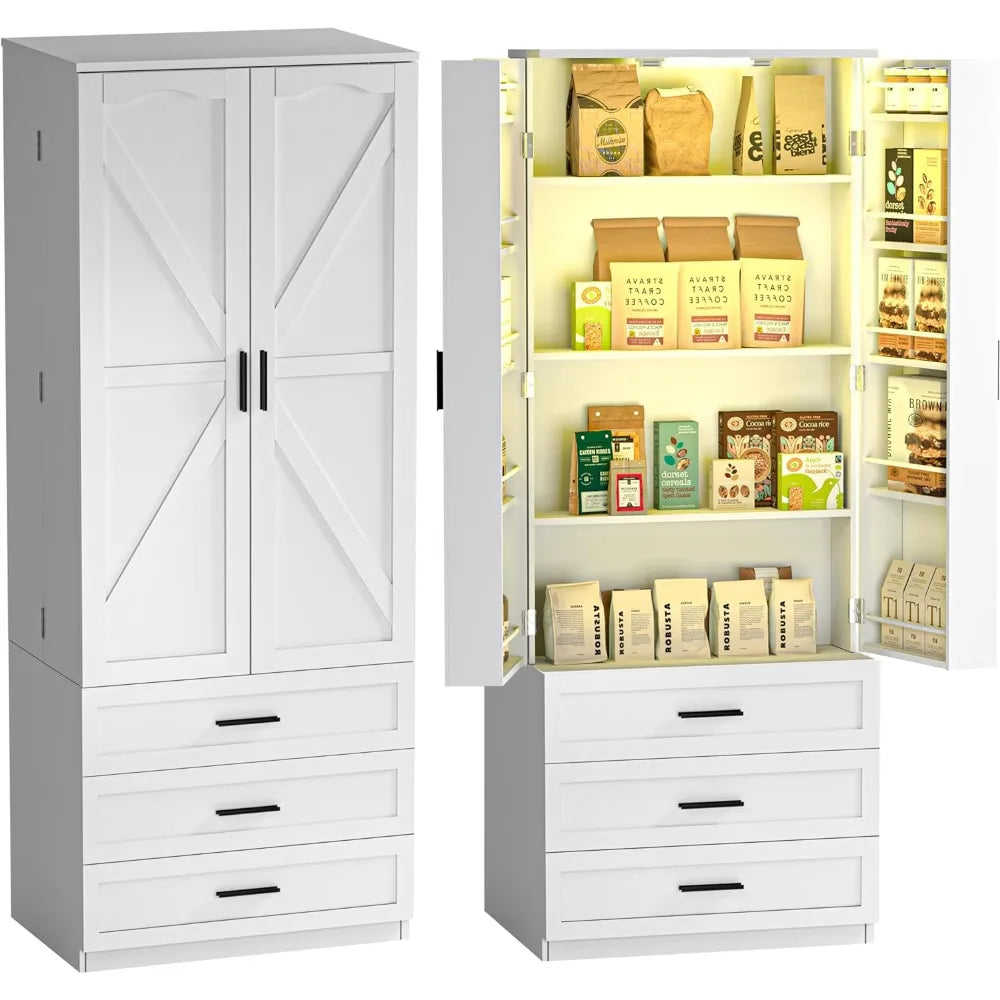 72" LED Farmhouse Tall Storage 3 Drawers Wood Food Pantry with Barn Doors