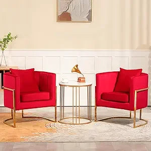 Velvet Modern Accent Chairs Set of 2, Upholstered Barrel Armchair Mid Century with Pillow for Living Room, Comfy Single Vanity C