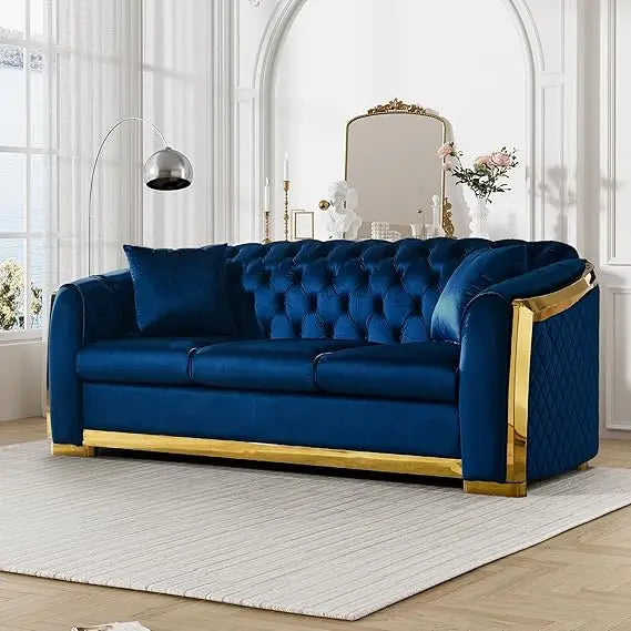 81" 3 Seater Modern Mid Century Velvet Chesterfield Blue and Gold Luxury Curved Loveseat and Sofa Couch for Living Room