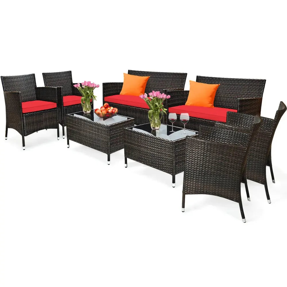 8PCS Weather and Sun Proof Rattan Patio Conversation Set w/ Red Cushion