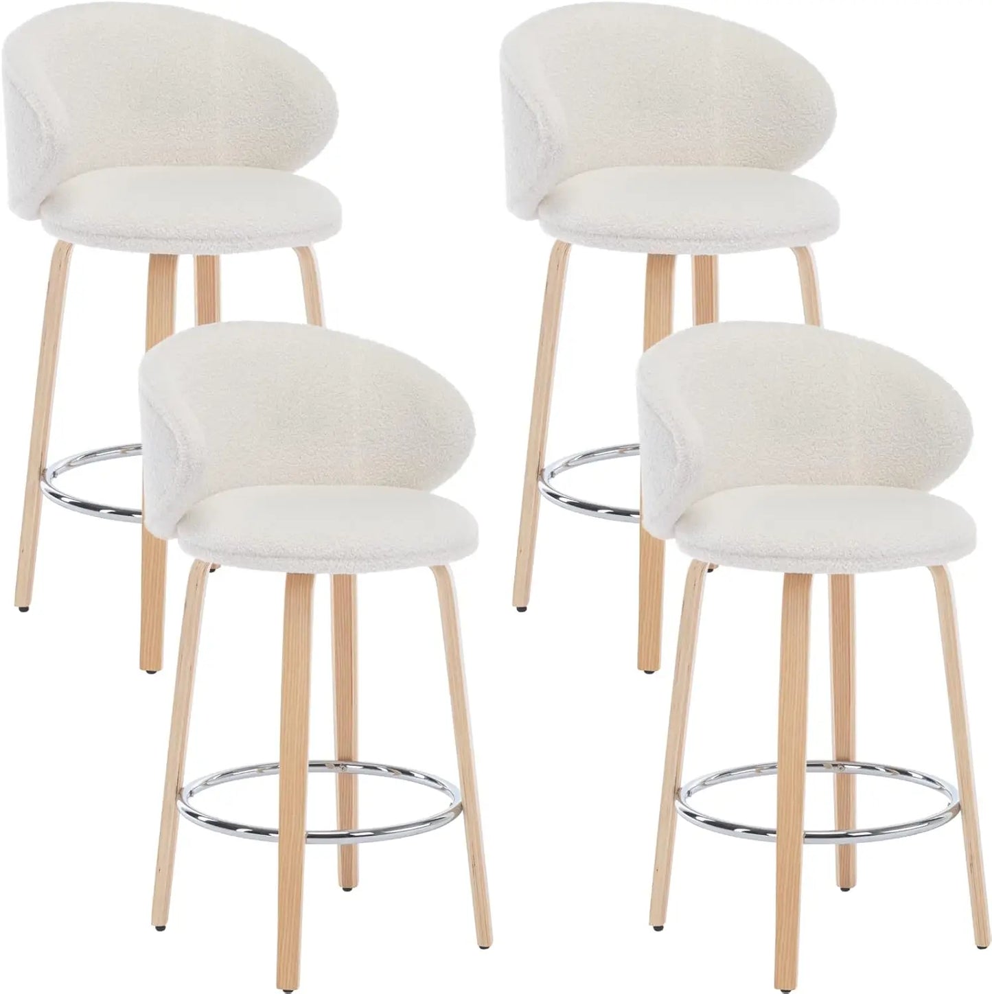 26 Inch Set of 4 Counter Height Sherpa Barstools Wooden Legs with Barrel Backrest for Kitchen, Island or Dining Room, White