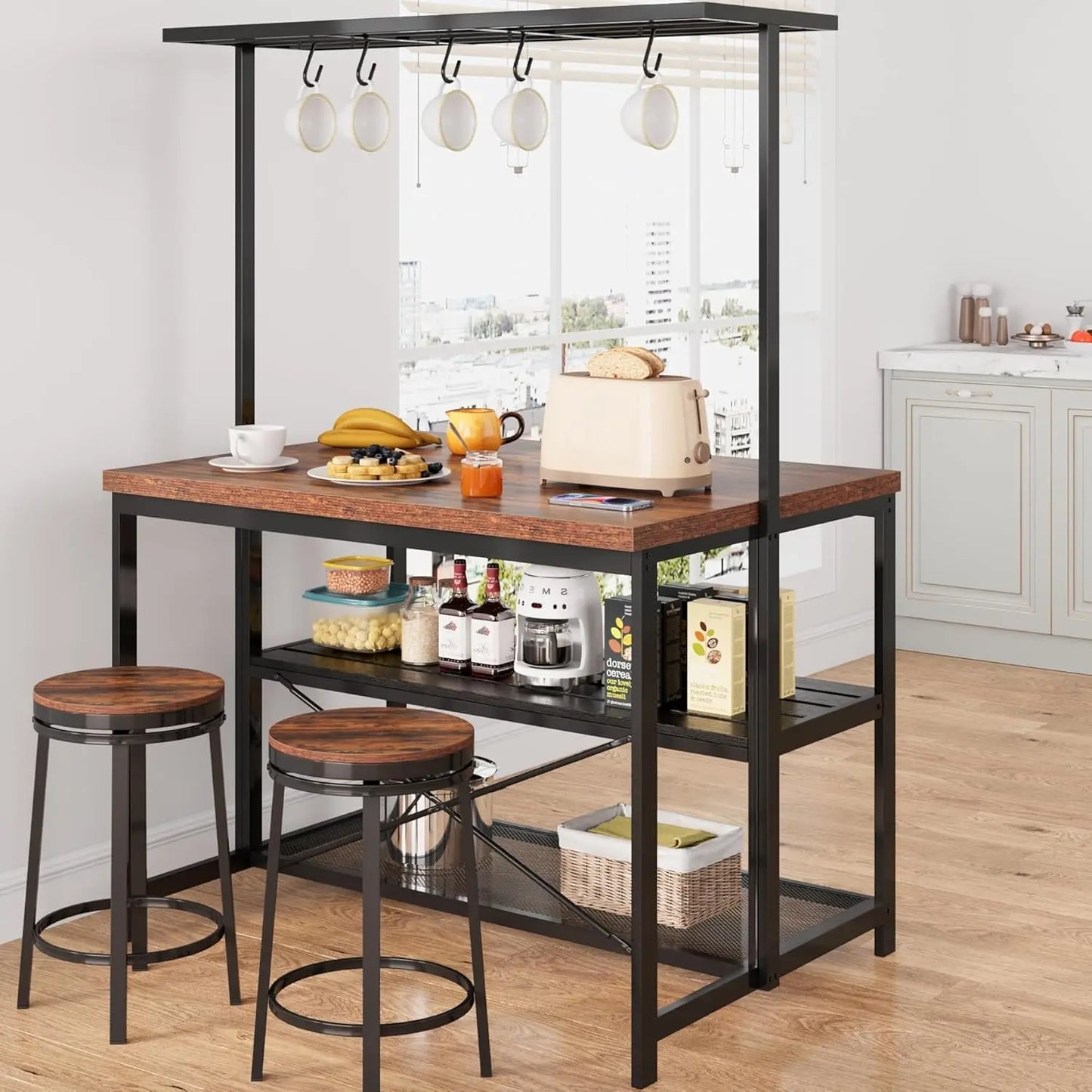 42" Kitchen Island 3 Tier Bakers Rack Storage & Seating with Microwave Stand, Dining Table for 4, 5 Hooks & 50lb Capacity