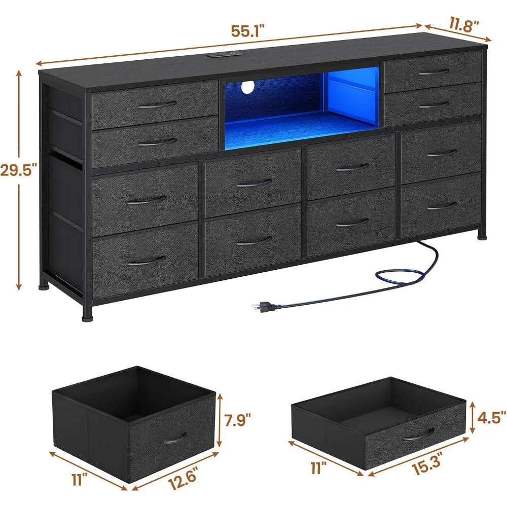55" Entertainment LED TV Stand Dresser for Bedroom with Power Outlets,12 Drawers, and Media Console Table