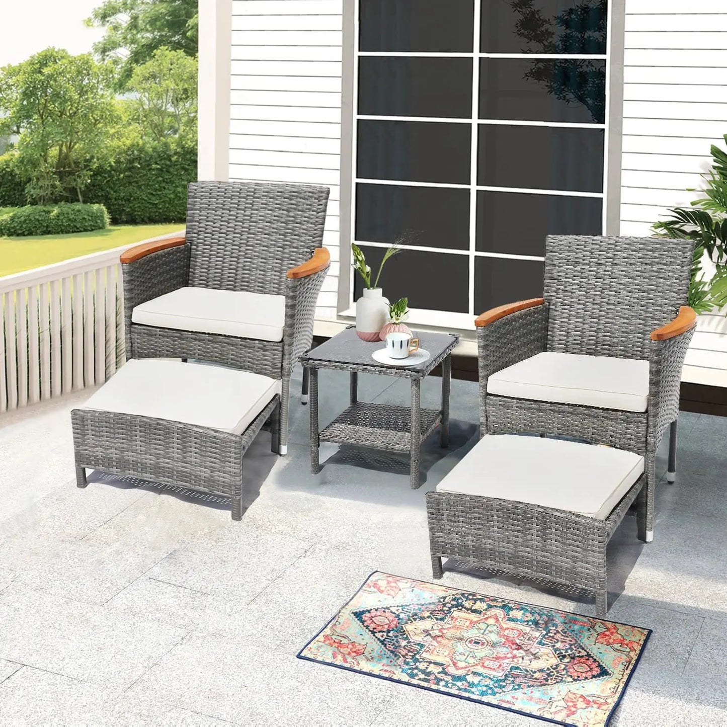 5 PCS Outdoor Bistro Wicker Table & Ottoman Patio Set