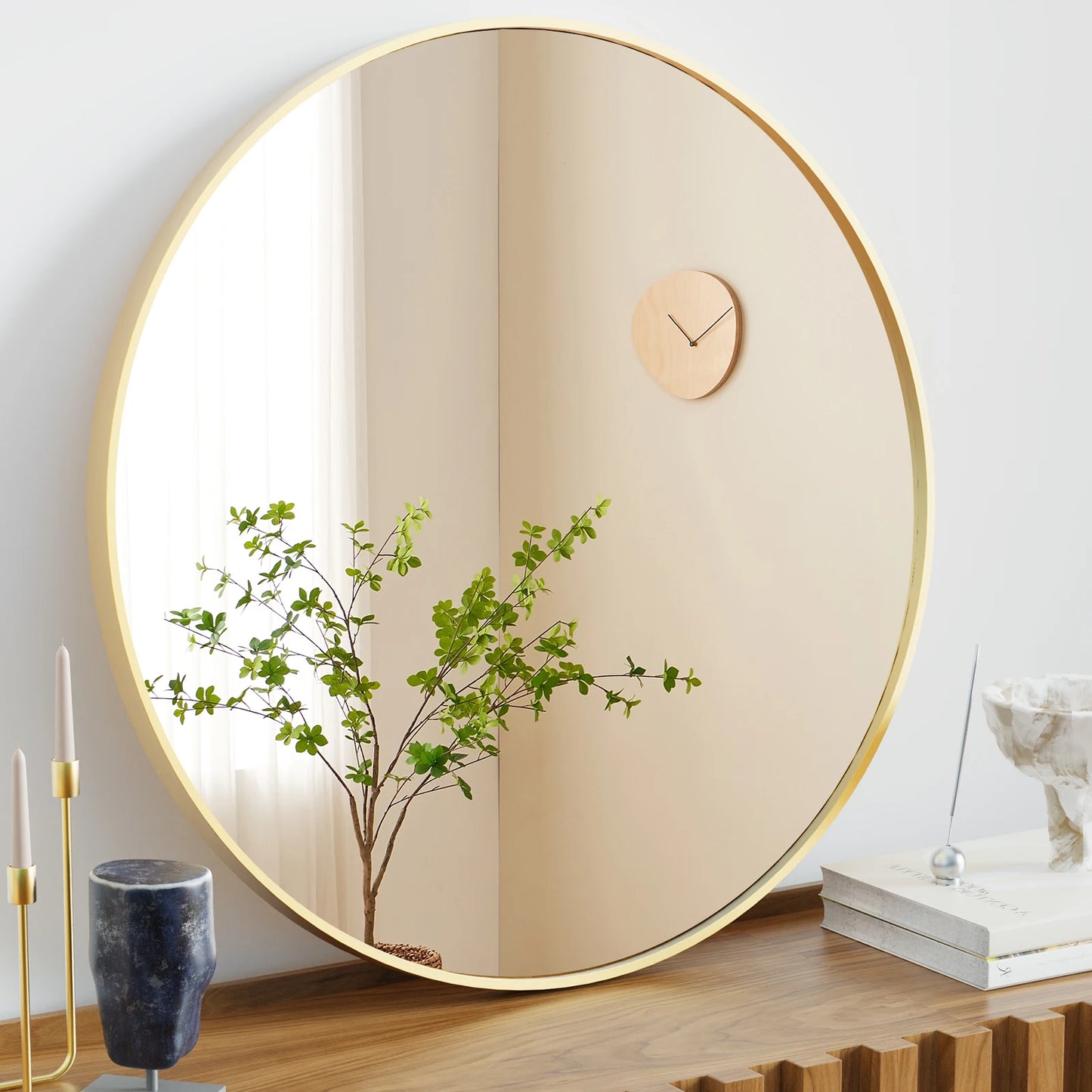 Large Gold Round 30 inch Modern Tempered Glass Framed Mirror for the Wall in Bedrooms or Living Room