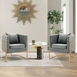 Velvet Modern Accent Chairs Set of 2, Upholstered Barrel Armchair Mid Century with Pillow for Living Room, Comfy Single Vanity C