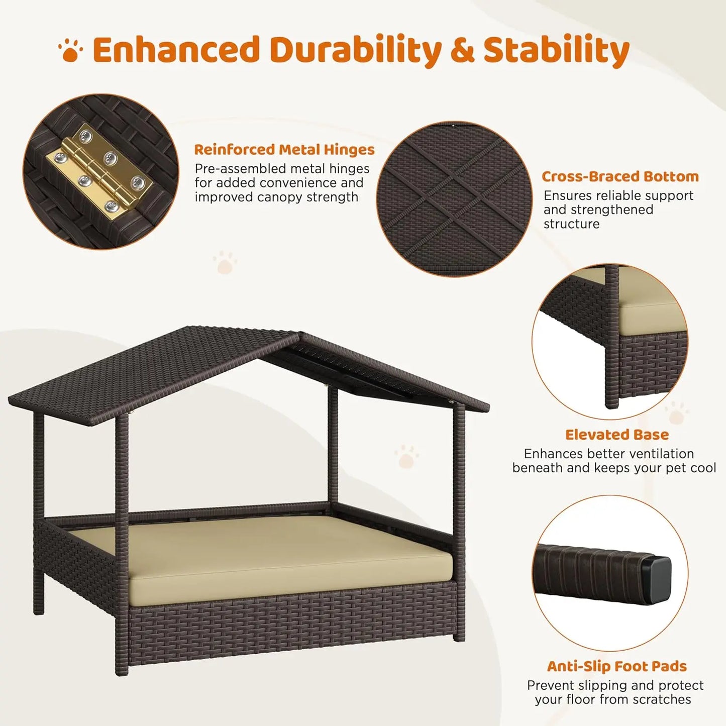 Outdoor/Indoor Wicker Elevated Shade Canopy Dog Bed with Cushion for Small/Medium Dogs .