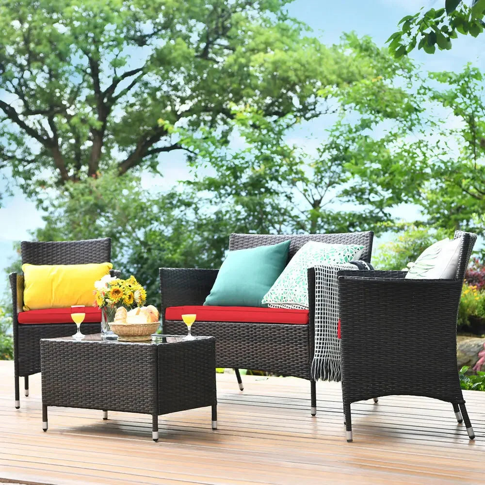 8PCS Weather and Sun Proof Rattan Patio Conversation Set w/ Red Cushion