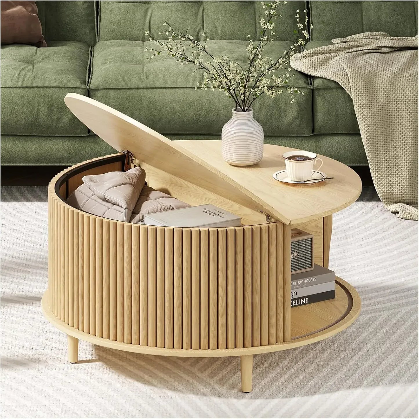 Modern Mid Century Round Coffee Table with Storage and Sliding Cabinet Door for the Living Room Home Center