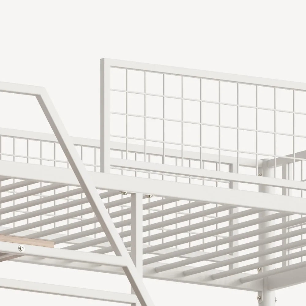 Heavy Duty Metal Loft Bed Full Sze Frame with Staircase, Built-in Charging Station and LED Lighting for Bedroom