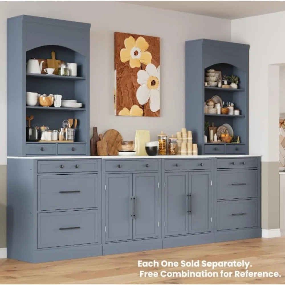 83.7" High Modern Freestanding Cabinet Hutch Kitchen Pantry Set of 2 with Faux Marble Top, 5 Storage Drawers & Adjustable Shelves