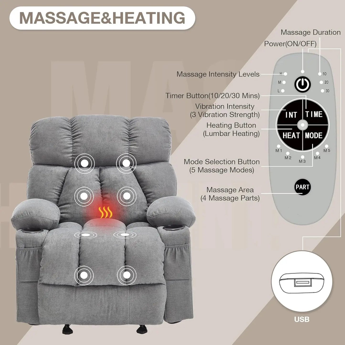 Ergonomic Comfy Overstuffed Massage Rocker Recliner Chair with Heat and Vibration for Living Room