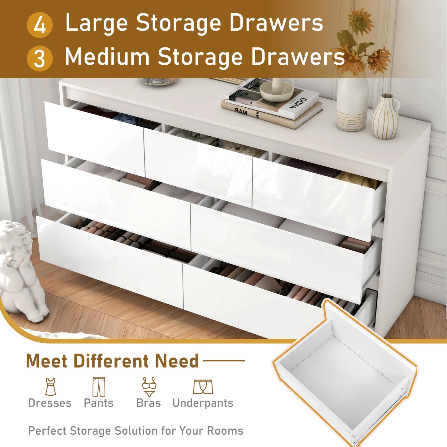 55 Inch Modern 7 Drawer Dresser with High Gloss Drawers, Large Wood Chest of Drawer for the Bedroom White/Black