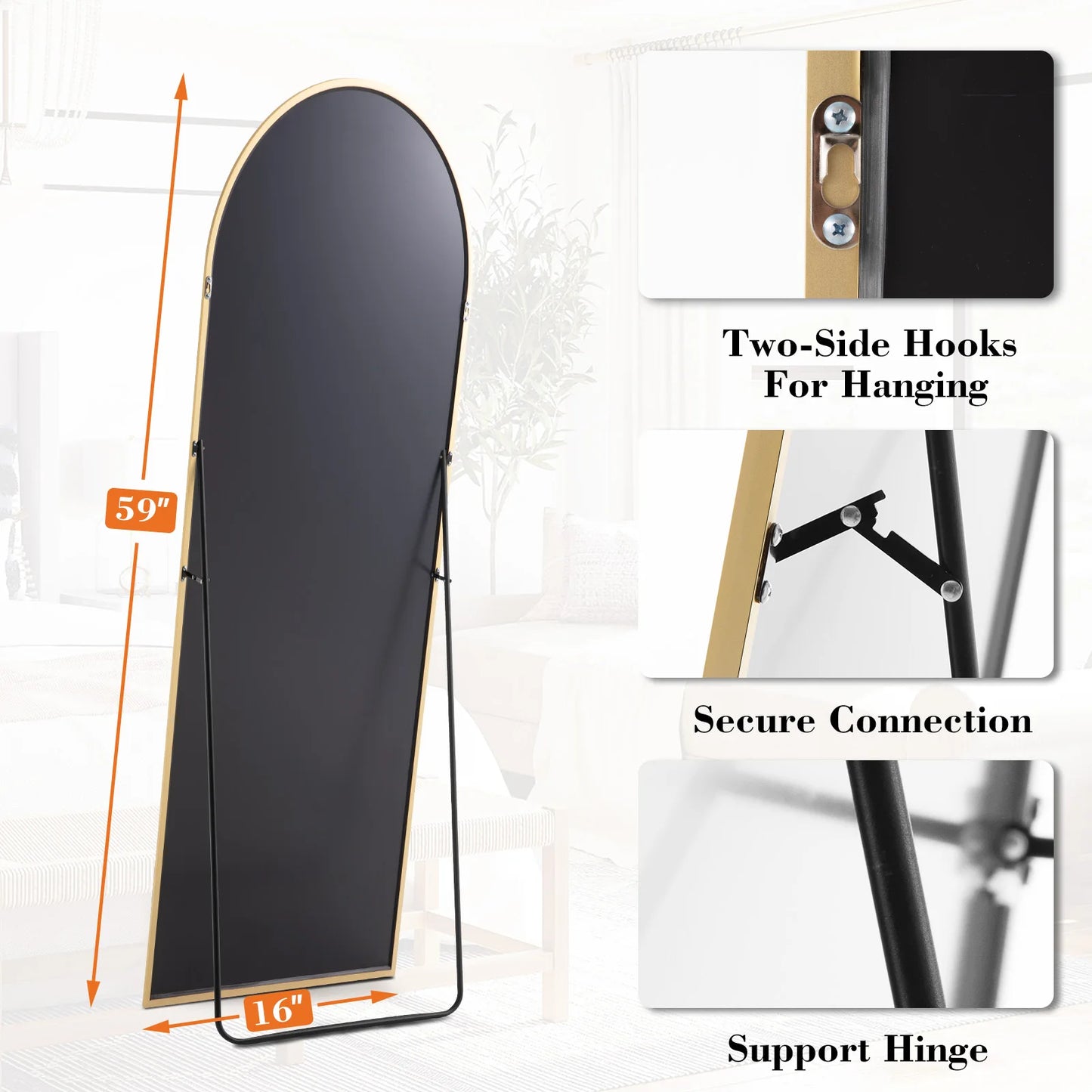 59"x16" Full Length Arched Right Angle Sturdy Aluminum Alloy Frame Mirror with Stand for Living Room or Bedroom