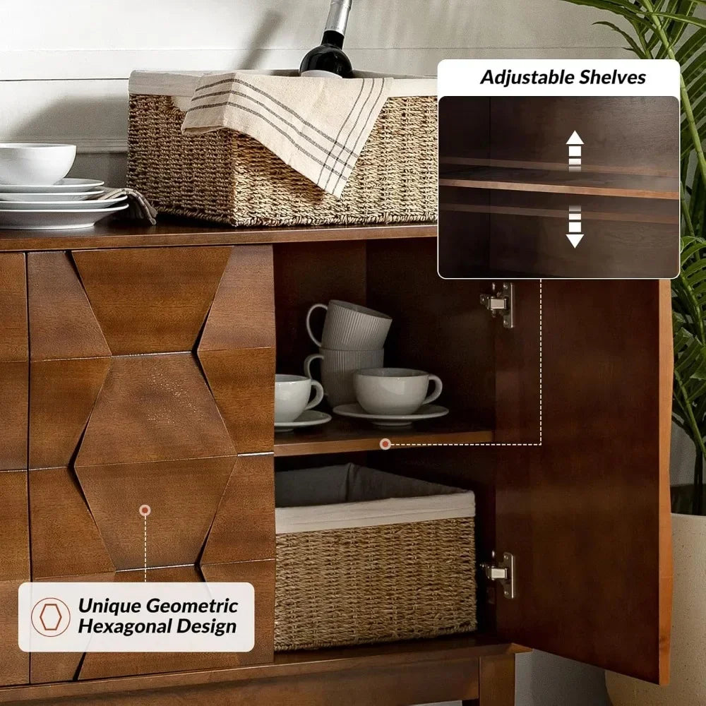 60" Kitchen Storage Credenza Sideboard Buffet Cabinet with Solid Wood Legs, 4 Doors and 2 Shelves, Cabinet for Dishes