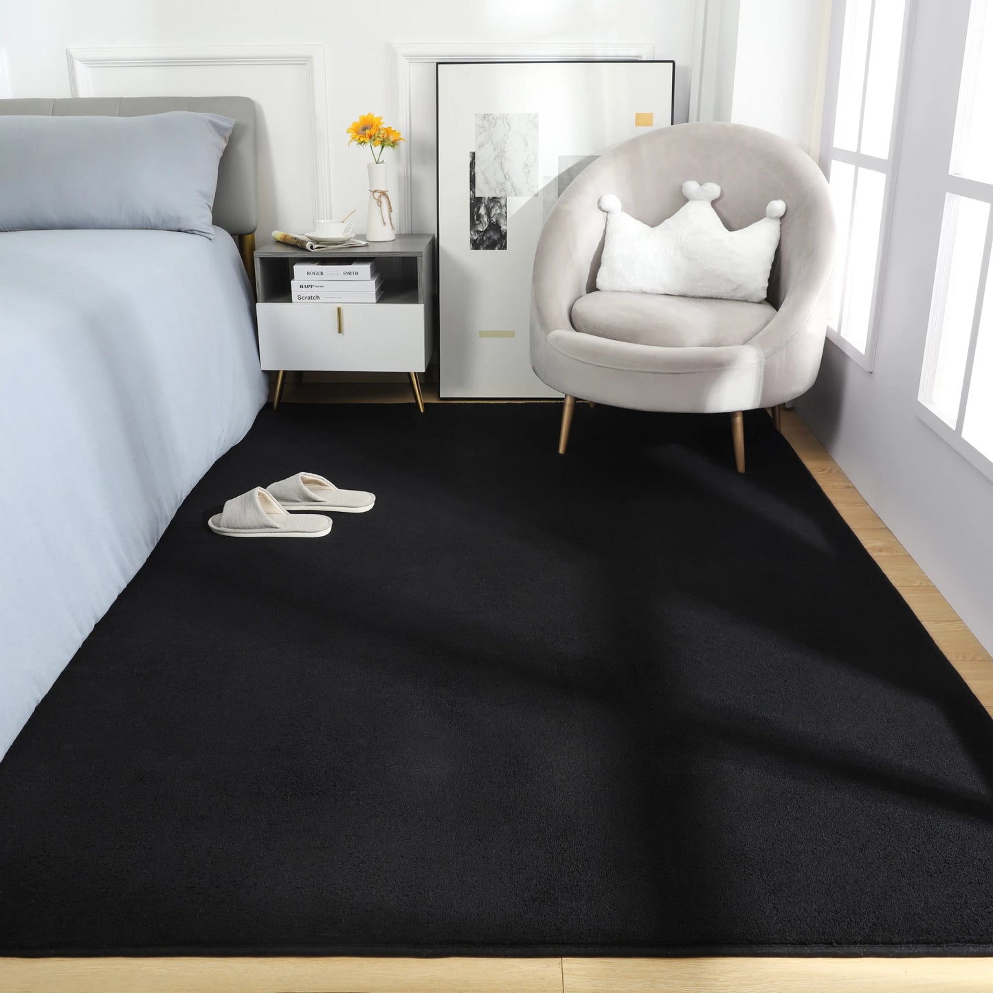 Large Rectangular Soft Non-Slip Black Rugs for Living Room, Bedside or Game Mat