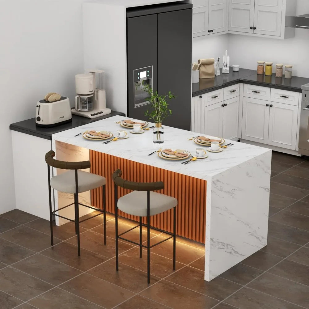 Modern 63" Large Imitation Marble Stripes Island Dining Table for 4-6 People LED Lights