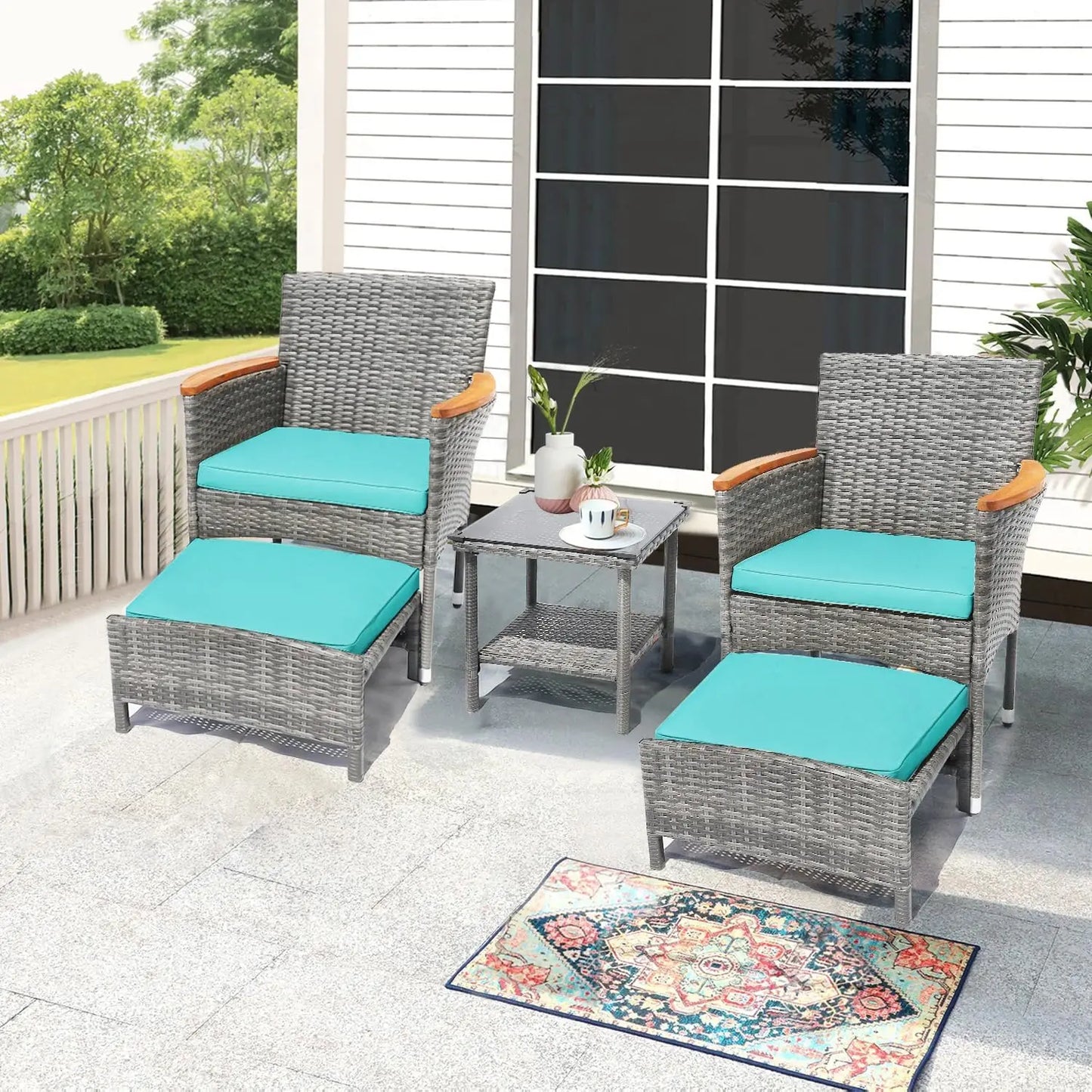 5 PCS Outdoor Bistro Wicker Table & Ottoman Patio Set