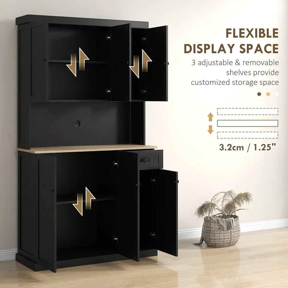 71" Modern Farmhouse Buffet Kitchen Pantry Storage Cabinet with Microwave Oven Countertop, Drawers and Hutch