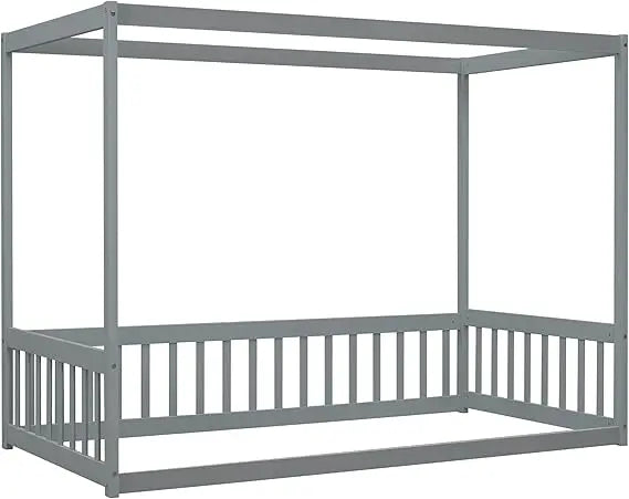 King Size Low Canopy Bed Frame with Support Legs, Solid Wood and Wooden Slats