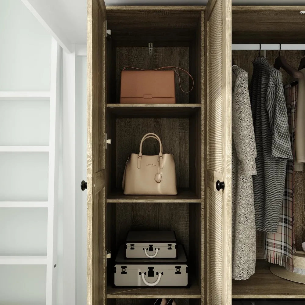 3-Door Rattan Wardrobe Armoire Closet with 3 Rattan Doors, 3 Drawers, Hanging Bar & 6 Shelves, Light Br
