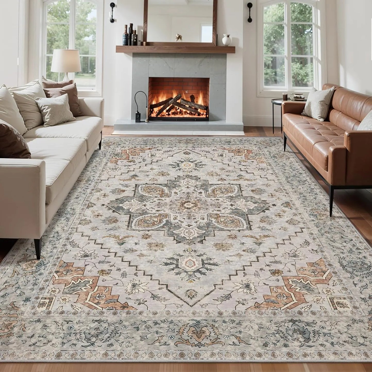 4'x6' Washable Vintage Distressed Turmeric Area Rug for Living Room or Bedroom