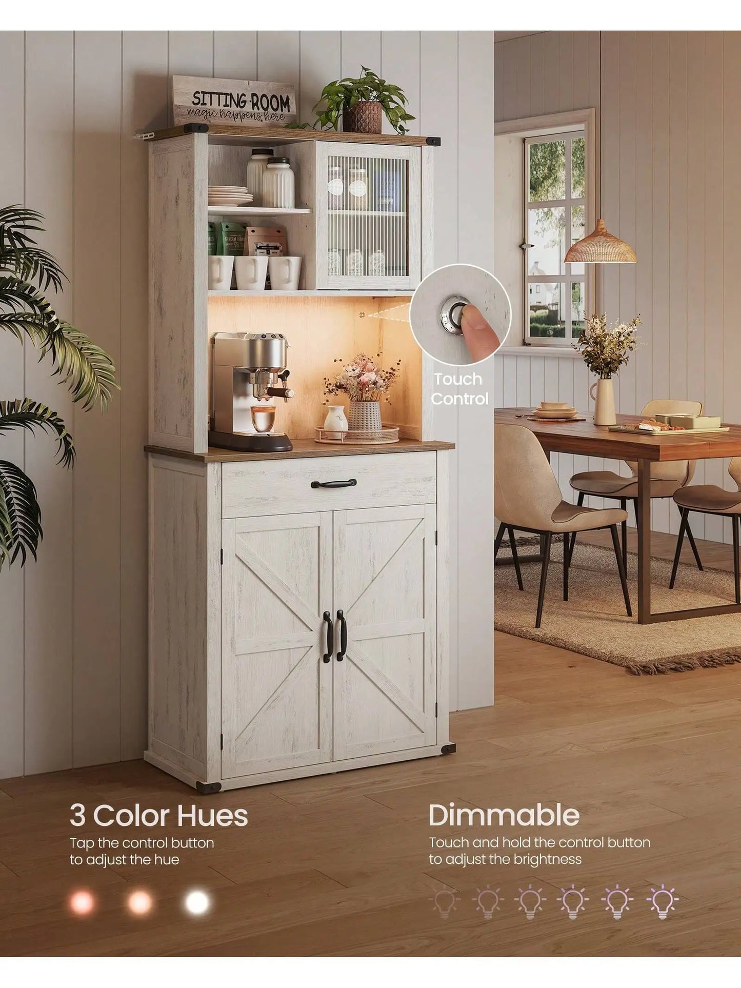 71" Farmhouse Storage Pantry Cabinet With Lights And Charging Station With Doors And Drawer