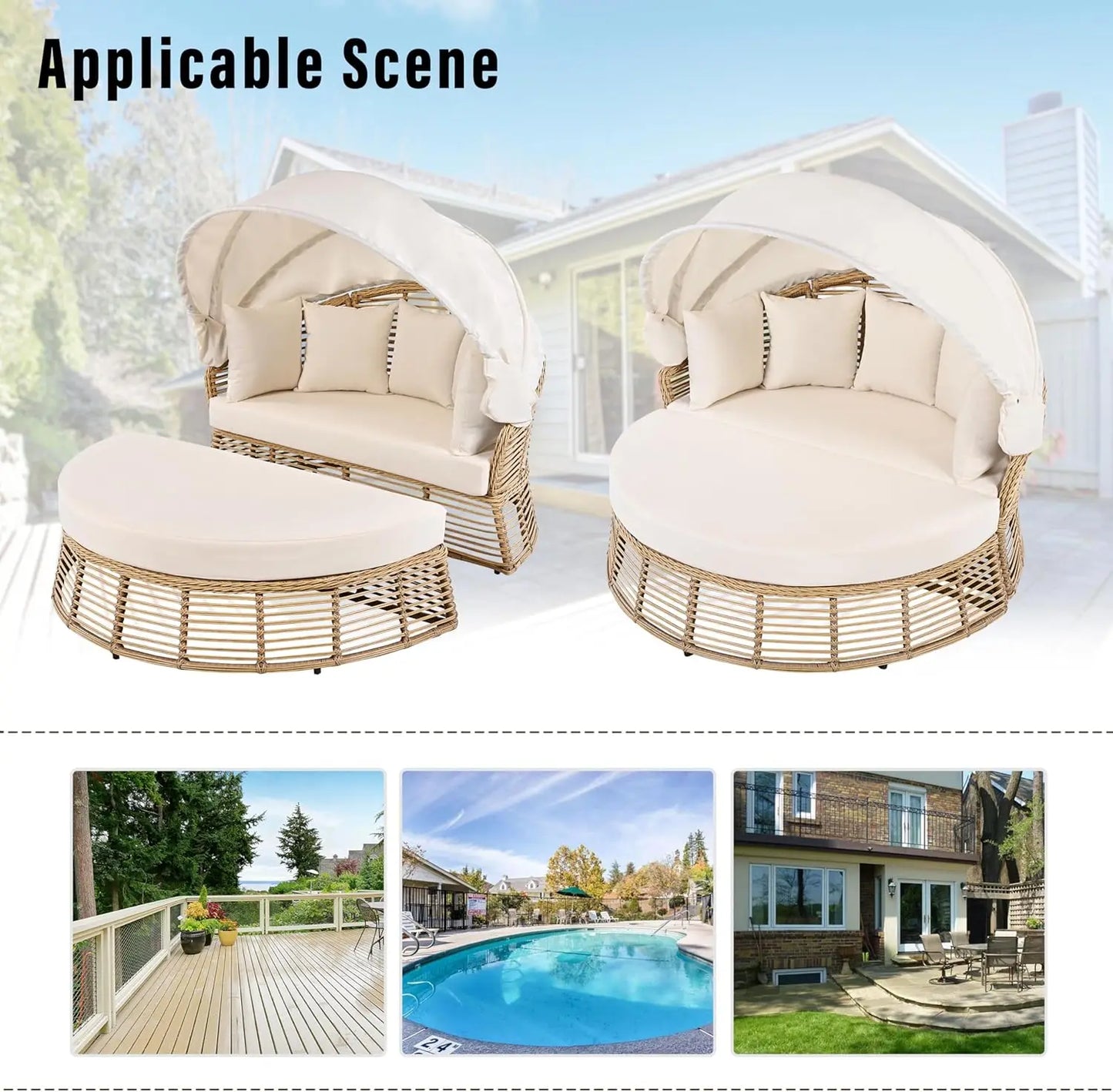 Outdoor Rattan Wicker Round Daybed with Retractable Canopy and Removable Cushions for Pool side Sunbed or Patio