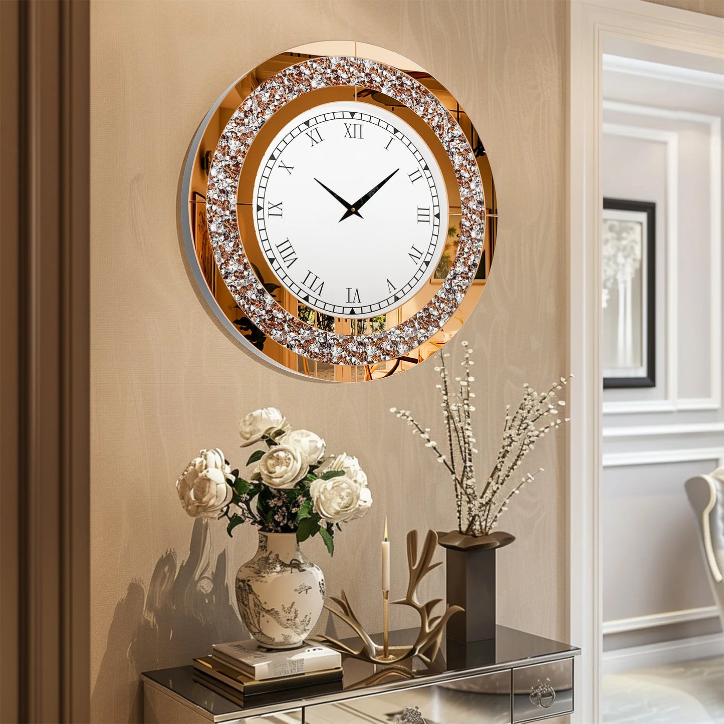 24inch Crystal Sparkle Twinkle Bling Crush Diamond Large Mirrored Wall Clock