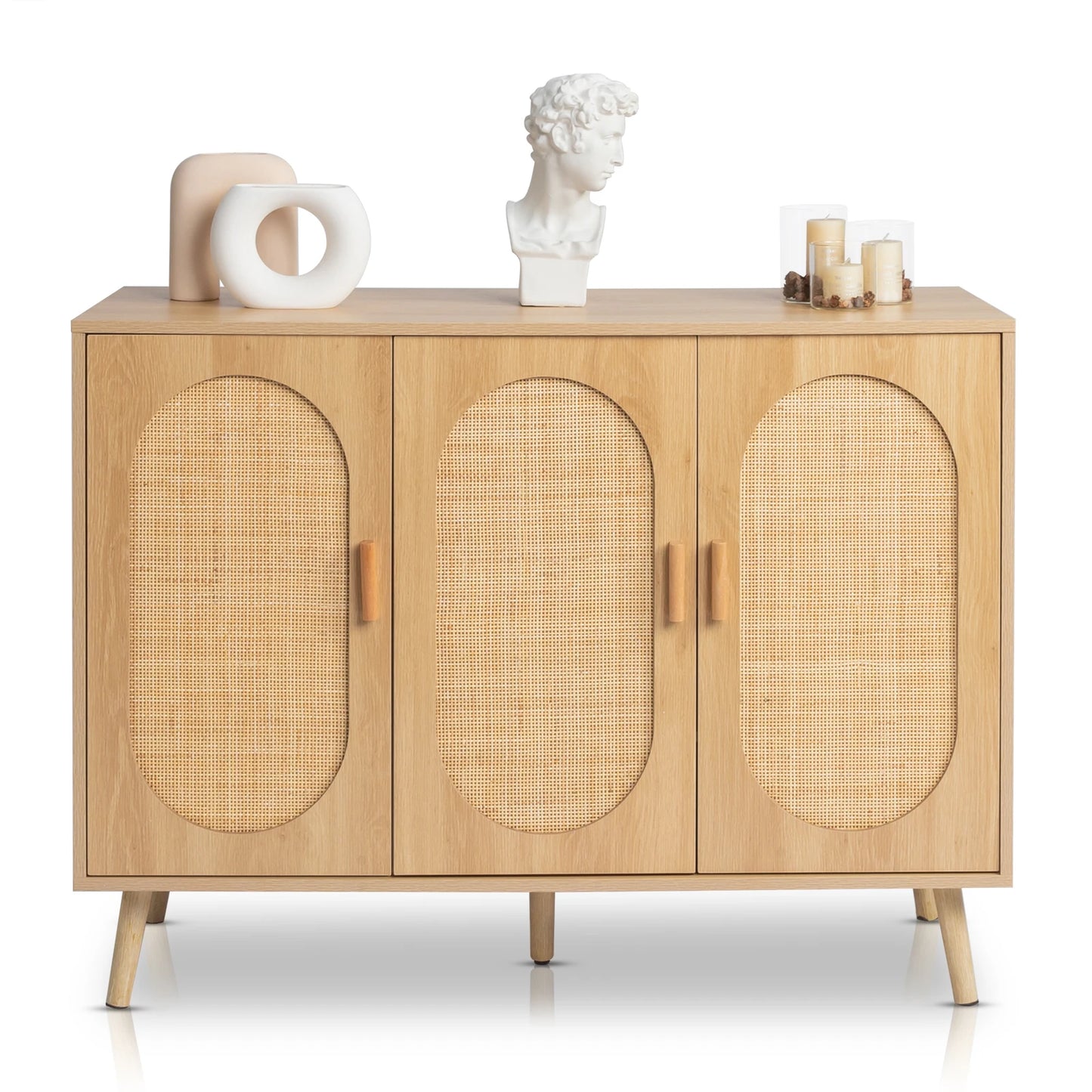 Modern Rattan Shoe Storage Cabinet with 3 Doors and Adjustable Shelves
