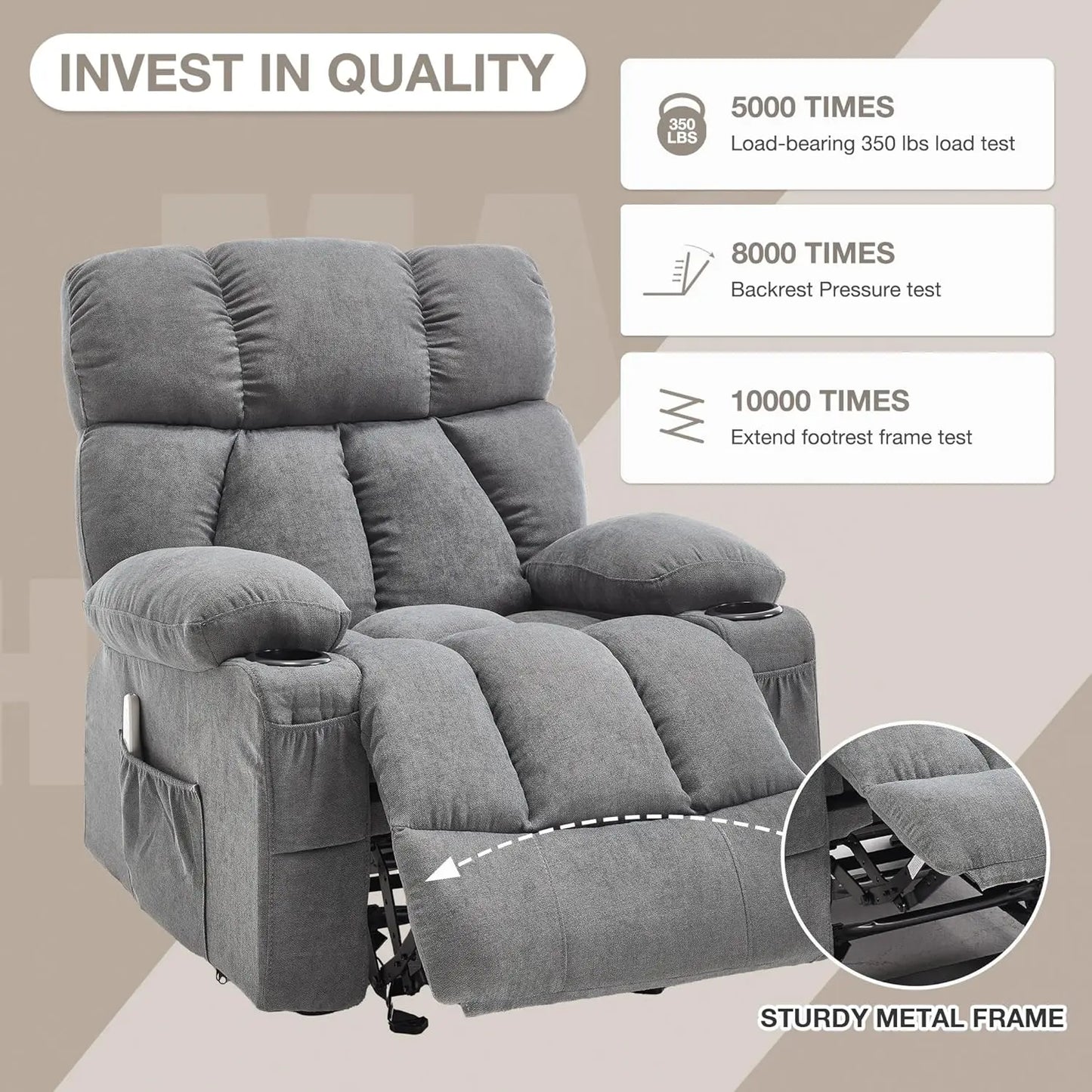 Ergonomic Comfy Overstuffed Massage Rocker Recliner Chair with Heat and Vibration for Living Room