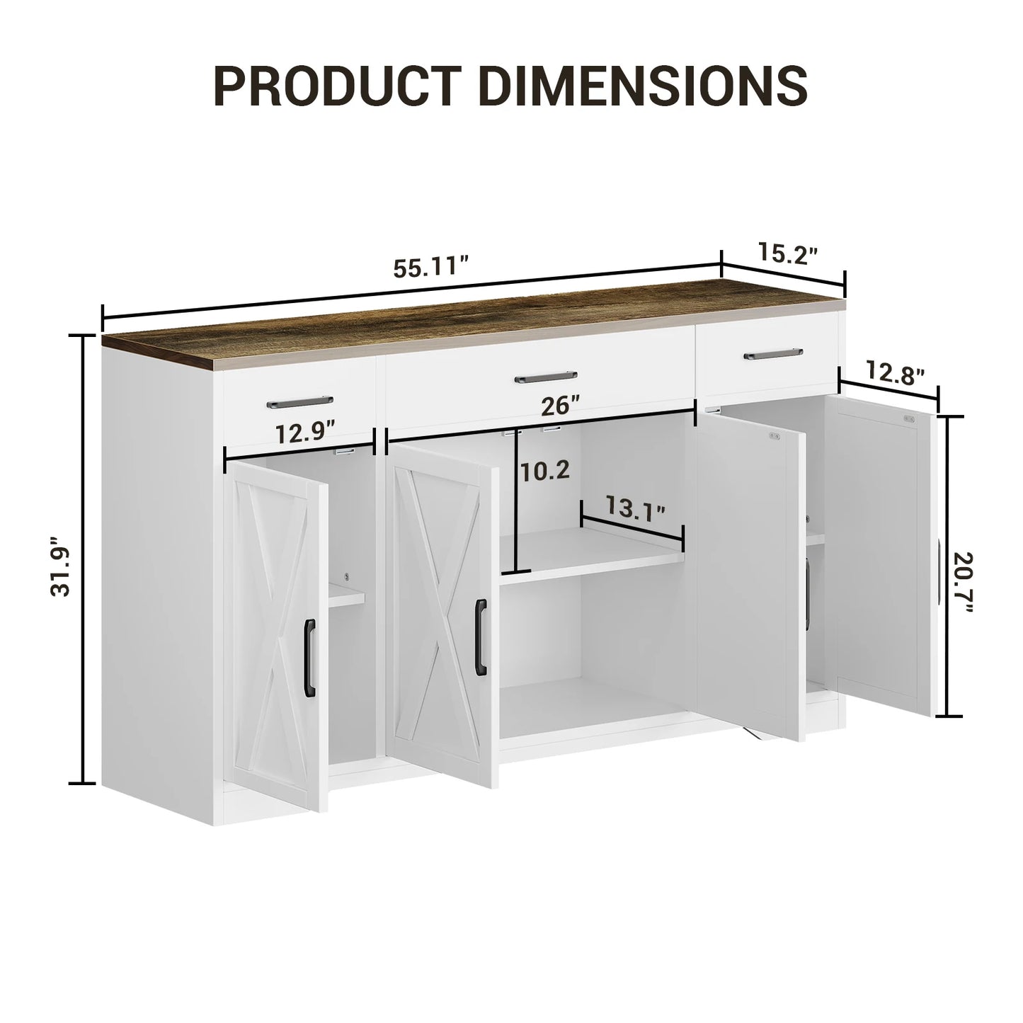 55" Large Sideboard Buffet Storage Cabinet with 3 Drawers and 4 Doors, Wood