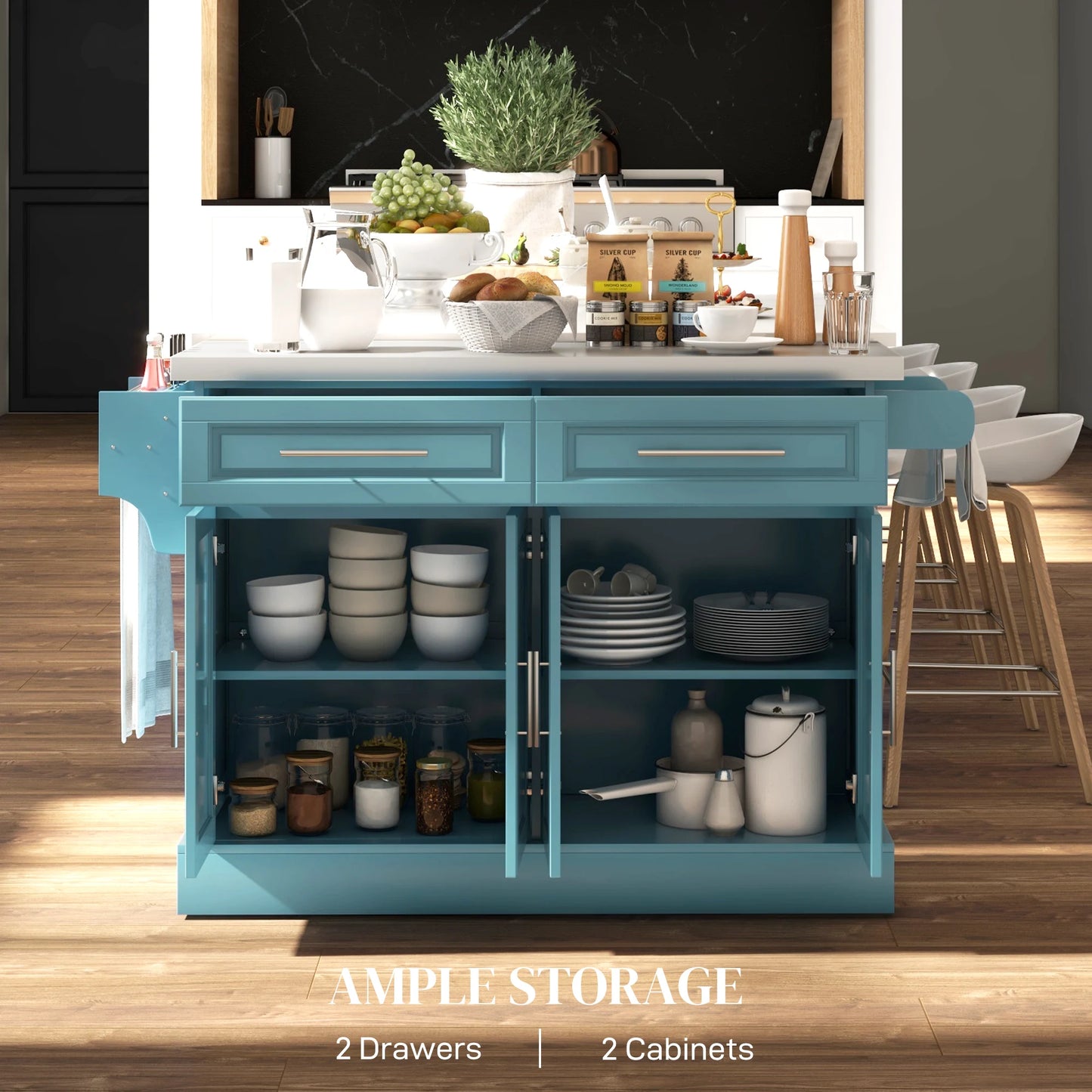 Rolling Kitchen Island with Cabinets and Drawers, Teal Blue