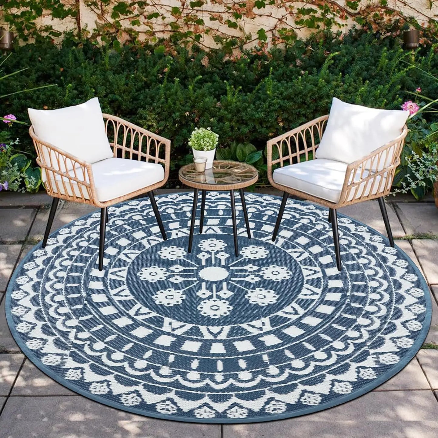 6Ft Round Reversible Waterproof Plastic Straw Boho Circle Indoor/Outside Area Rug for RV and Patio