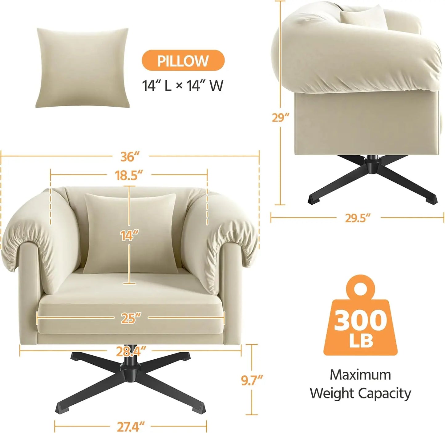 Modern Upholstered Accent Swivel Armchair with Pillow Chair for Living Room or Comfy Cozy Single Sofa Chair